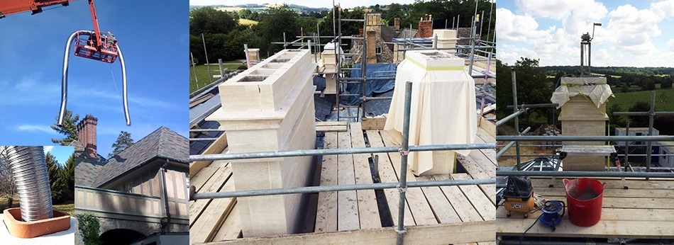 Our team relining a chimney from scaffolding on a stone roof