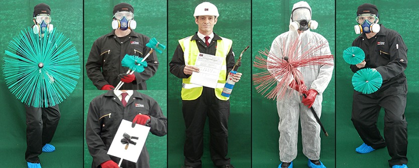 Our sweeps in their overalls with masks, rotary brush heads and a sweep certificate